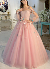 Lovely Puffy Sleeves Pink Off Shoulder Long Sweet 16 Dress, Pink Quinceanera Dress