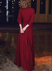 Wine Red Chiffon Long Sleeves Formal Dress, Wine Red Long Prom Dress