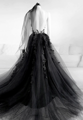 Black V-neckline Backless Tulle with Lace Party Dress, Black Long Prom Dress
