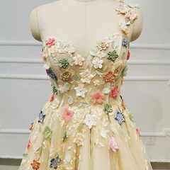 Light Champagne Tulle with Flowers Long Evening Dress, A-line Tulle Formal Dress