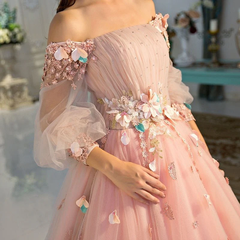 Lovely Puffy Sleeves Pink Off Shoulder Long Sweet 16 Dress, Pink Quinceanera Dress