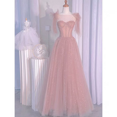Pink Tulle Sweetheart Tulle with Pearls A-line Prom Dress, Pink Long Evening Dress