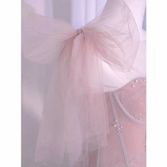 Pink Tulle Sweetheart Tulle with Pearls A-line Prom Dress, Pink Long Evening Dress