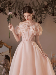 Pink Sweetheart Beaeded Short Sleeves Party Dress, Pink Formal Dress
