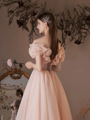 Pink Sweetheart Beaeded Short Sleeves Party Dress, Pink Formal Dress
