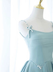 Blue A-line Satin Beaded Long Prom Dress, Blue Evening Dress Formal Dress