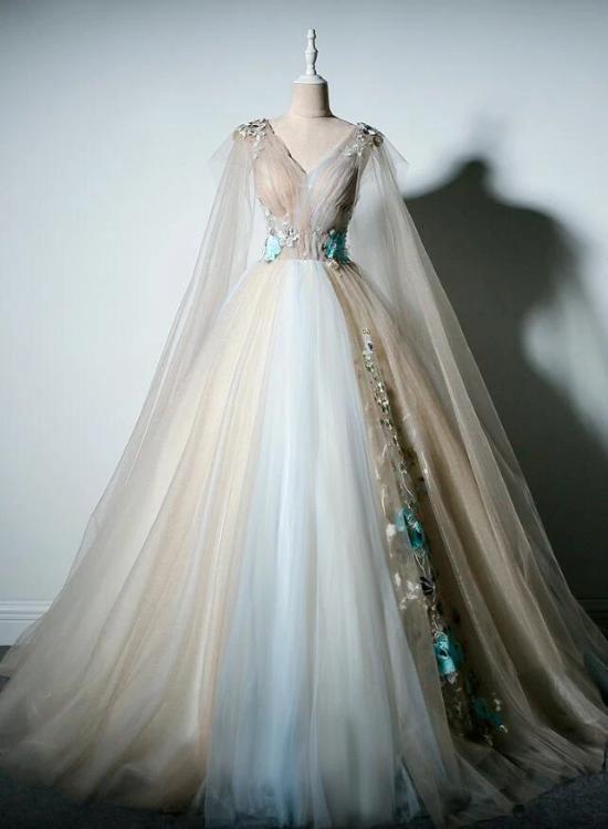 Gorgeous Champagne Tulle V-neckline Sweet 16 Dress, Quinceanera Dress