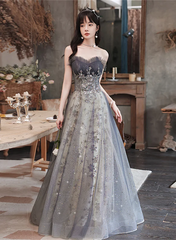 Grey Sweetheart A-line Tulle with Lace Applique Party Dress, Grey Long Formal Dress
