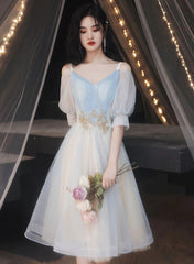 Lovely Short Prom Dress Blue Homecoming Dress, V-neckline Short Graduation Dress