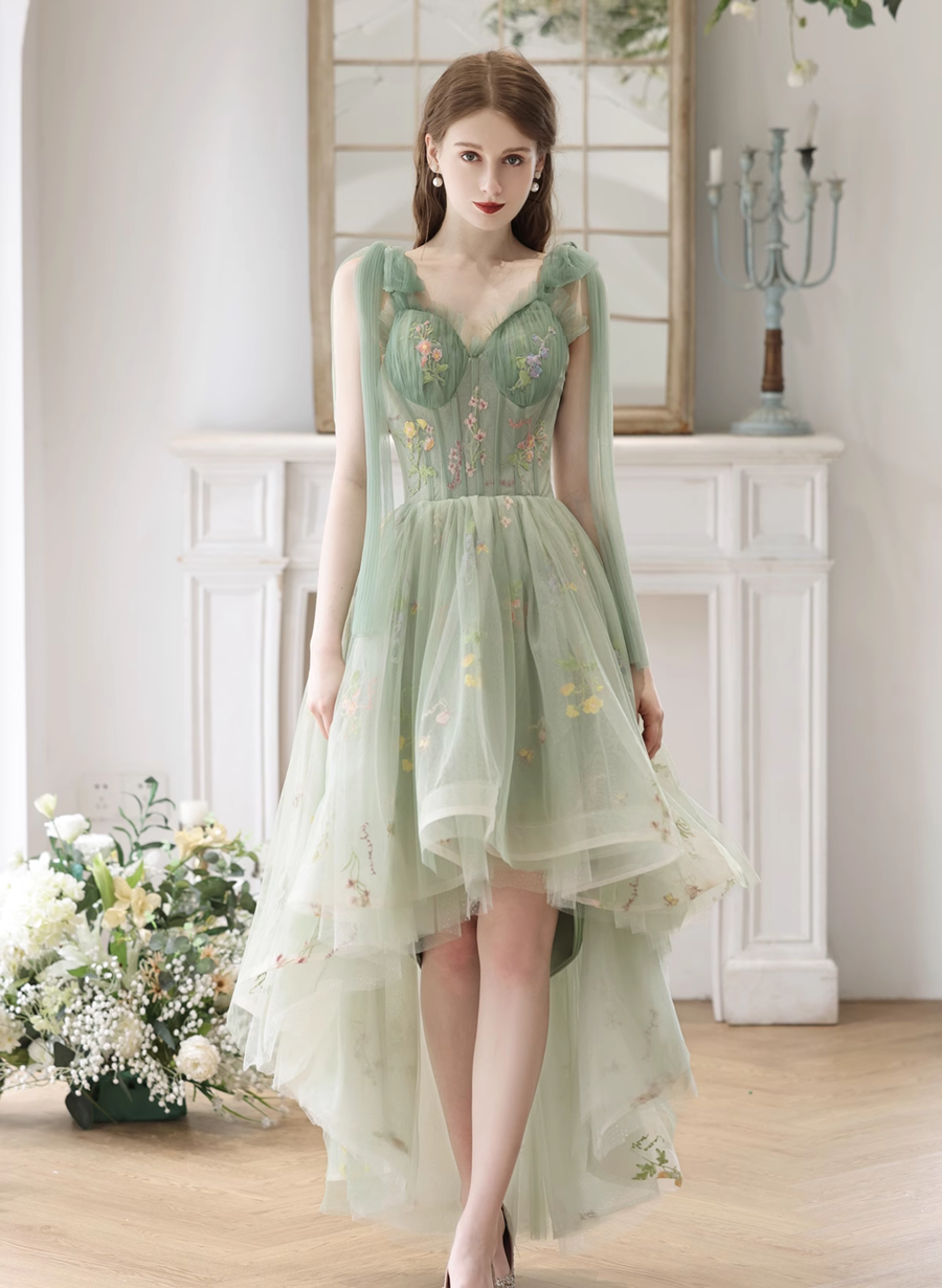 Light Green High Low Floral Tulle Formal Dress, High Low Homecoming Dresss