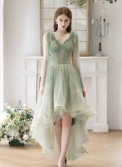 Light Green High Low Sweetheart Straps Formal Dress, Floral Tulle Homecoming Dress