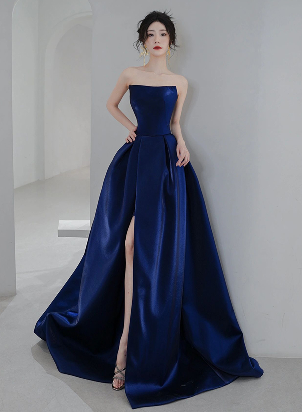 Navy Blue Simple Satin A-line Long Prom Dress, Navy Blue Formal Dress Evening Dress