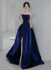 Navy Blue Simple Satin A-line Long Prom Dress, Navy Blue Formal Dress Evening Dress