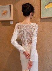 White Satin Mermaid Long Sleeves with Lace Wedding Party Dress, White Long Formal Dress