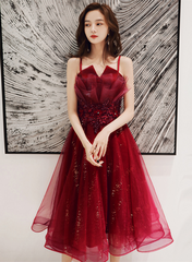 Wine Red Shiny Tulle Straps Short Homecoming Dress, Wine Red Tulle Short Prom Dress