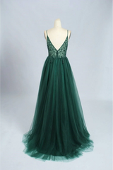 Green V-neckline Beaded Tulle Floor Length Party Dress, A-line Green Prom Dress