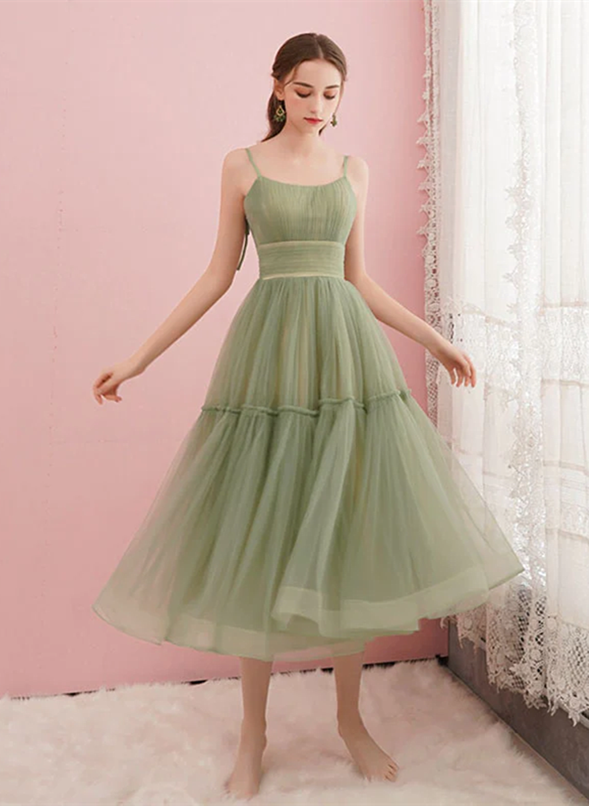 Cute Tea Length Tulle Straps Party Dress, A-line Tulle Formal Dress Evening Dress