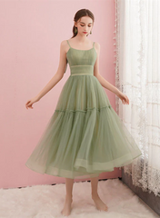 Cute Tea Length Tulle Straps Party Dress, A-line Tulle Formal Dress Evening Dress