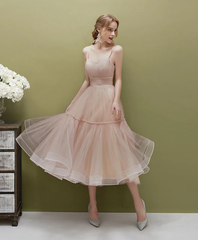 Cute Tea Length Tulle Straps Party Dress, A-line Tulle Formal Dress Evening Dress