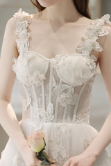 White Straps Lace Sweetheart Long Formal Dress, White A-line Floor Length Prom Dress