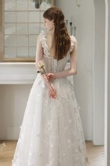 White Straps Lace Sweetheart Long Formal Dress, White A-line Floor Length Prom Dress