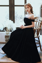 Off Shoulder Black Velvet Party Dress, Black Short Homecoming Dress Evening Dress
