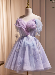 LightPurple Tulle Off Shoulder Short Prom Dress, Cute A-Line Off Shoulder Homecoming Dress