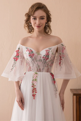 White Tulle with Lace Off Shoulder Long Party Dress, White Floral Wedding Party Dress