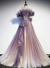 Lovely Purple Shiny Tulle Off Shoulder Evening Dress, Purple Long Prom Dress
