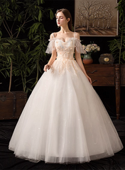 Lovely White Tulle with Lace Off Shoulder Party Dress, White Straps Long Sweet 16 Dress