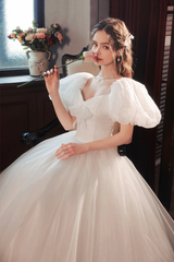 White Puffy Short Sleeves Sweetheart Wedding Party Dress, White Tulle Long Prom Dress