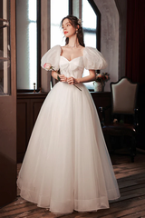 White Puffy Short Sleeves Sweetheart Wedding Party Dress, White Tulle Long Prom Dress