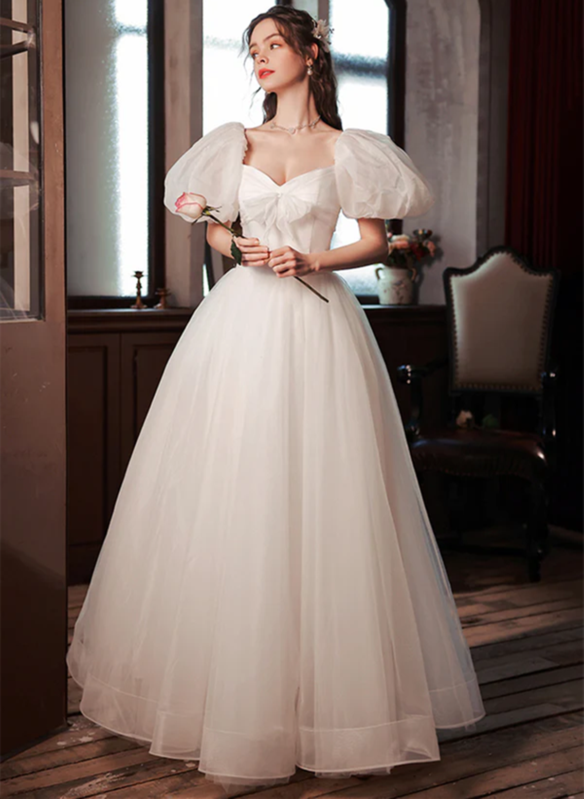 White Puffy Short Sleeves Sweetheart Wedding Party Dress, White Tulle Long Prom Dress
