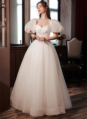 White Puffy Short Sleeves Sweetheart Wedding Party Dress, White Tulle Long Prom Dress
