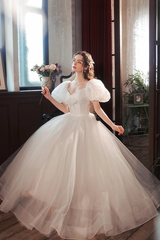 White Puffy Short Sleeves Sweetheart Wedding Party Dress, White Tulle Long Prom Dress