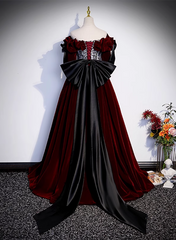 Wine Red Velvet Off Shoulder Party Dress with Bow, Wine Red Velvet Long Prom Dress