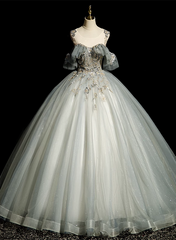 Green Tulle Off Shoulder Ball Gown Beaded Sweet 16 Dress, Green Tulle Formal Dress