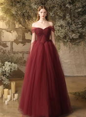 Wine Red Sweetheart Beaded Off Shoulder Party Dress, Wine Red Tulle Formal Dress