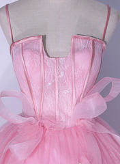 Pink Tulle Straps Ball Gown Long Sweet 16 Dress, Pink Tulle Formal Dress