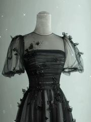 Black Round Neckline Tulle A-line Party Dress, Black Tulle Evning Dress Prom Dress