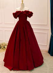 Wine Red Satin Off Shoulder Long Party Dress, A-line Wine Red Sweetheart Formal Dress