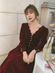 Wine Red Velvet Long Sleeves Party Dress, Wine Red V-neckline Prom Dress Evening Dress