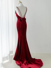 Wine Red Velvet Low Back Straps Long Party Dress, Wine Red Wedding Party Dress