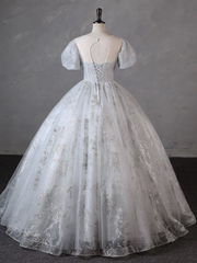 Grey Short Sleeves Tulle Ball Gown Prom Dress, Grey Ball Gown Sweet 16 Dress
