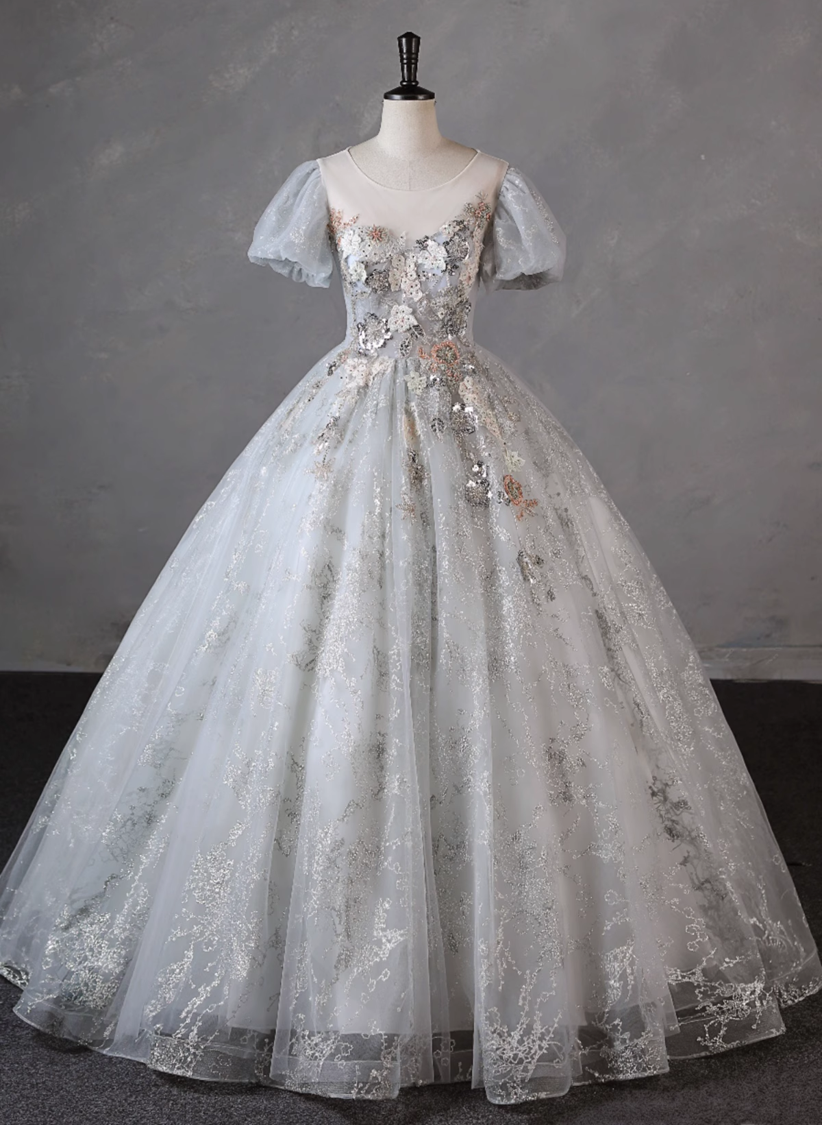 Grey Short Sleeves Tulle Ball Gown Prom Dress, Grey Ball Gown Sweet 16 Dress