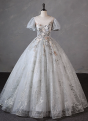 Grey Short Sleeves Tulle Ball Gown Prom Dress, Grey Ball Gown Sweet 16 Dress