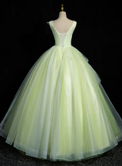 Light Green V-neckline Tulle Long Party Dress, Light Green Sweet 16 Dress