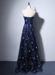 Navy Blue A-line Tulle Long Evening Dress, Navy Blue Prom Dress