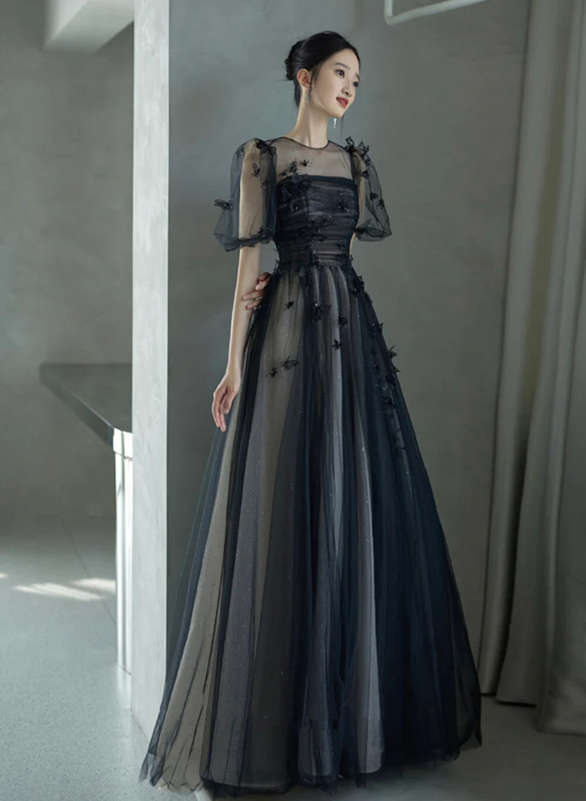 A-line Black Short Sleeves Tulle with Lace Long Party Dress, Black Long Prom Dress