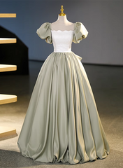 Green Short Sleeves Ball Gown Satin Long Party Dress, Green Long Formal Dress